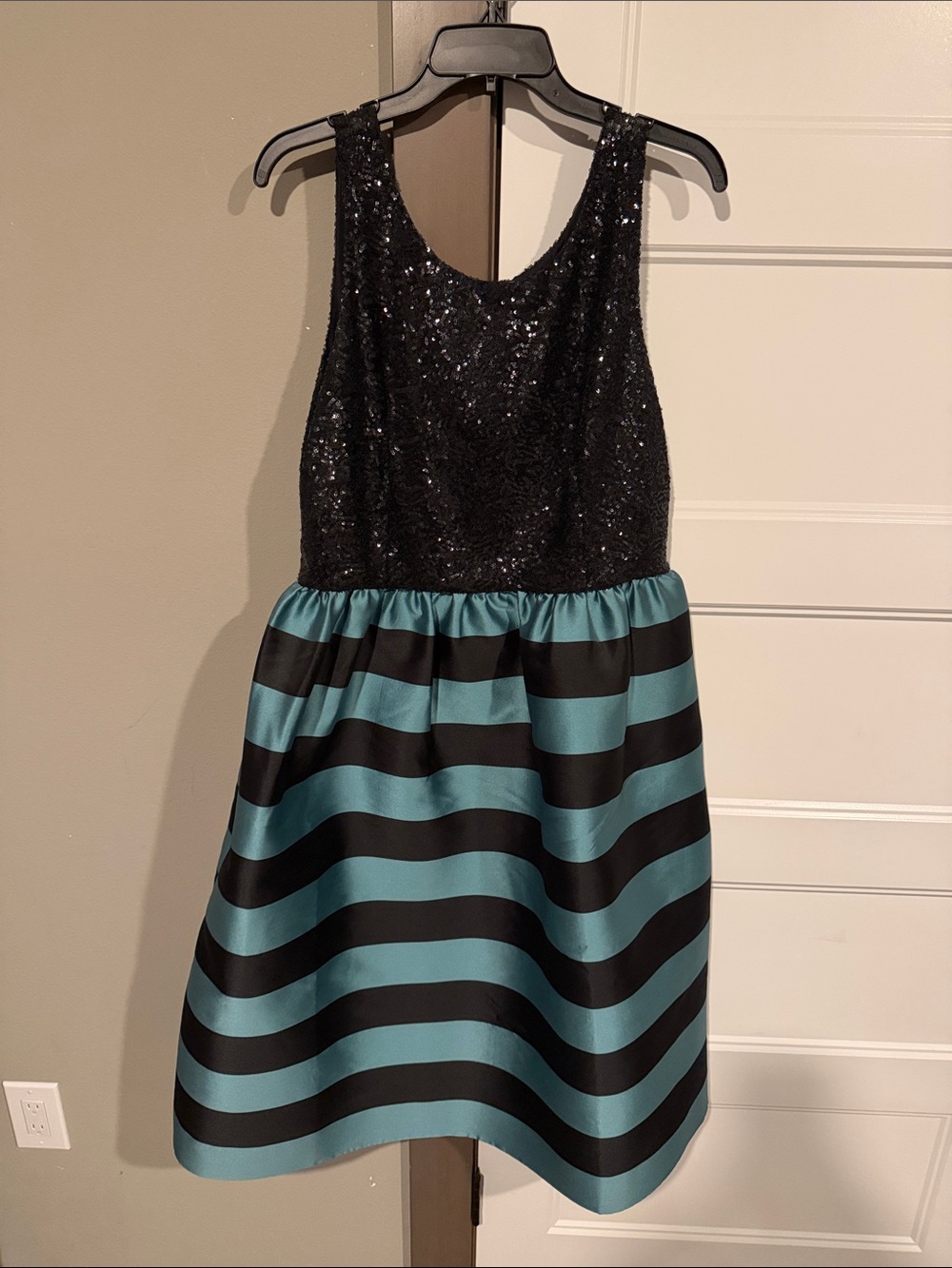 leifsdottir Black Sequin Bodice with Teal and Black Striped Midi Skirt